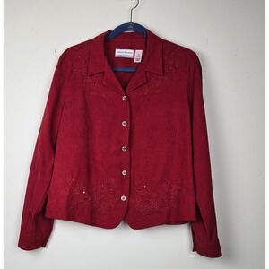 Alfred‎ Dunner Shirt Womens 12P Red Excellent Embroidered Faux Suede Blouse